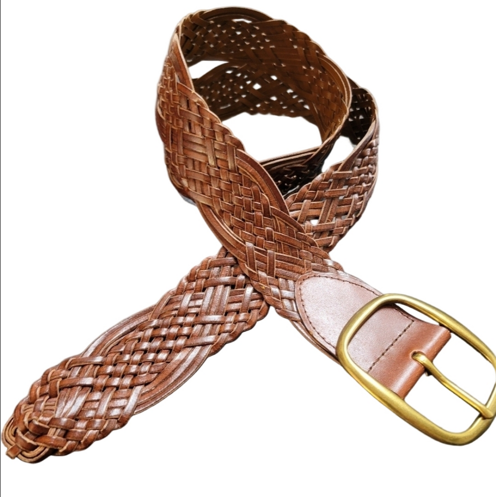 Vintage Brown Braided Woven Bonded Leather Belt Brass Buckle Adjustable Size M/L
